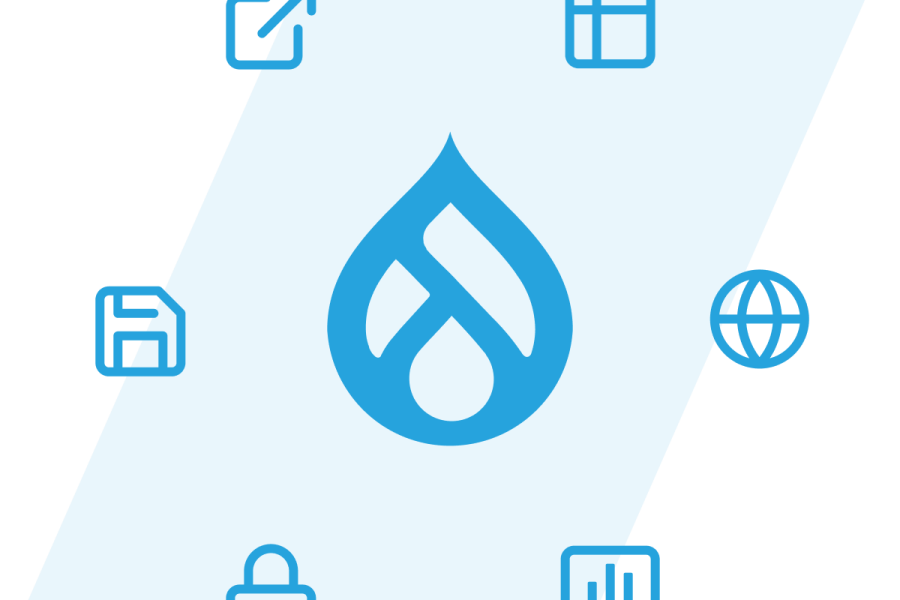 Drupal logo with feature icons around
