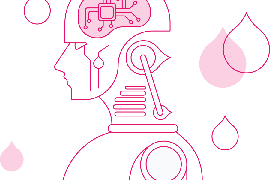 pink line art of a robot with a computer chip brain